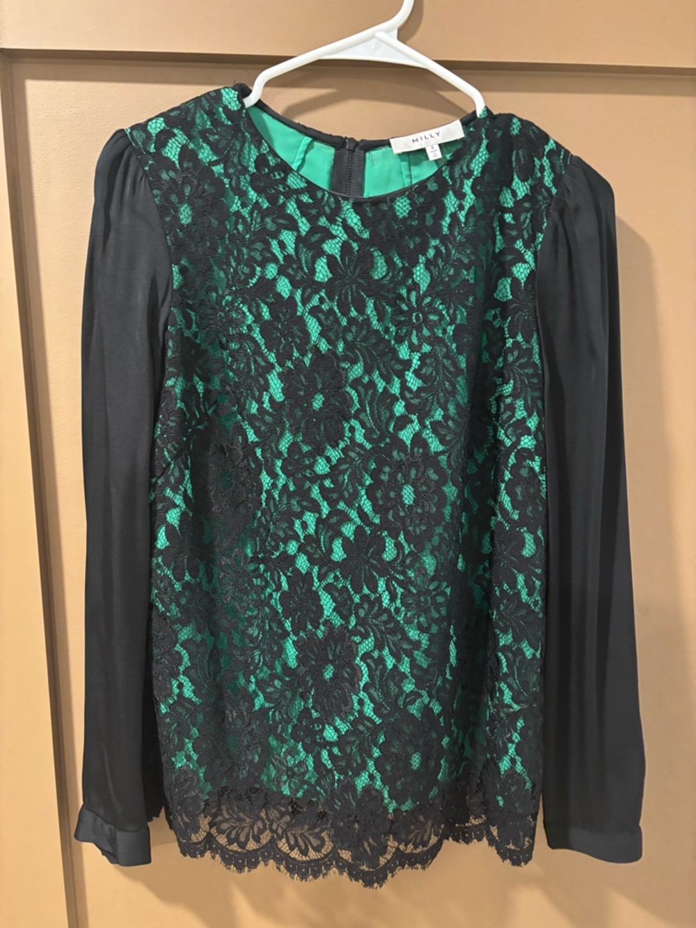 Milly Black Lace Overlay with Emerald Green Underlayer Long-Sleeve Blouse